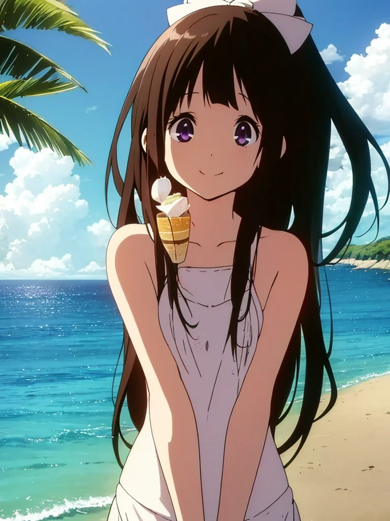 masterpiece, best quality, chitanda_eru, long_hair, closed mouth, looking at viewer, bikini, smile, solo, upper body, beach, blue sky, ocean, lens flare abuse