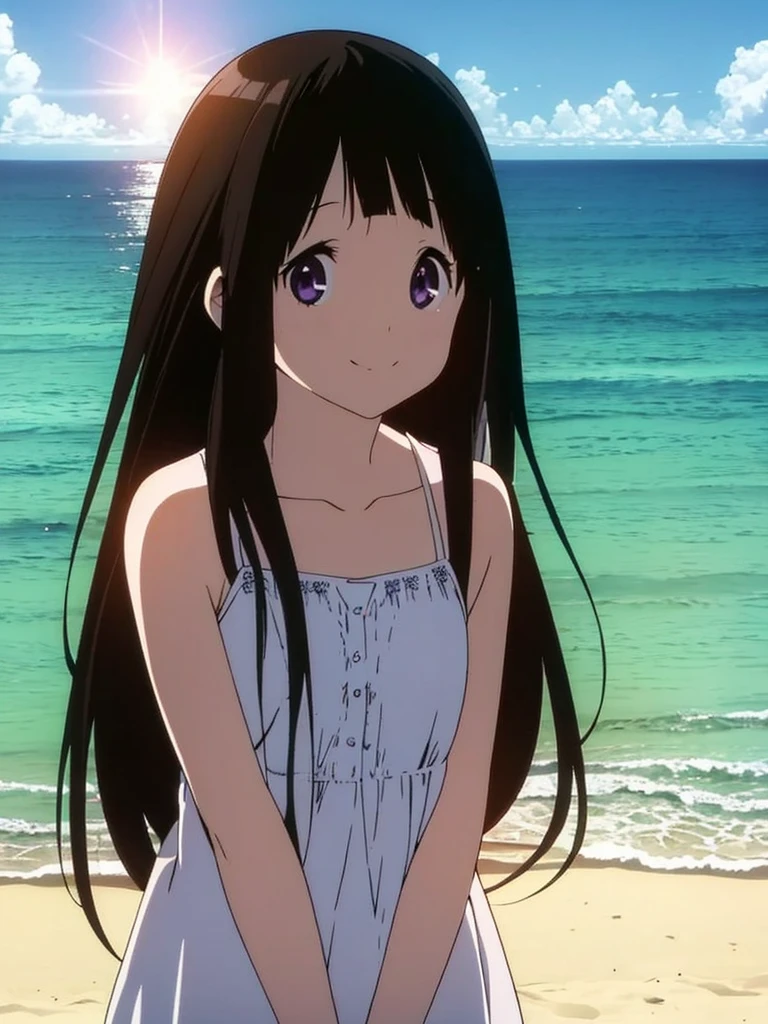 masterpiece, best quality, chitanda_eru, long_hair, closed mouth, looking at viewer, bikini, smile, solo, upper body, beach, blue sky, ocean, lens flare abuse