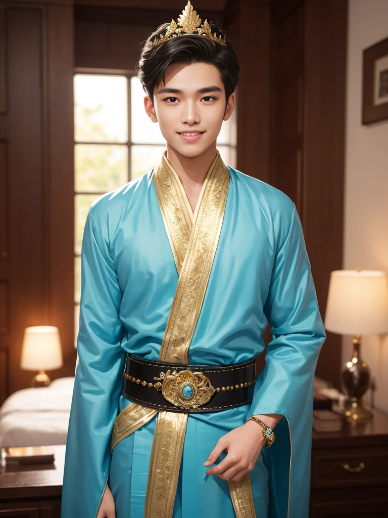 A young man as handsome as a god Wear traditional Thai clothing. sweet face Like a beautiful woman, clear pearly eyes, like twinkling stars. Thin lips painted a light pink color Beautifully arched eyebrows His hair was pitch black, long and flowing, tied in a neat tiara. Beautifully decorated with flowers and jewelry. Wearing a glittering gold Rajapratan robe. Wearing a light blue loincloth Decorated with a silver belt, he stood gracefully like a god descending from heaven. His smile was full of charm. Attracts people&#39;s eyes and makes them want to look and not take their eyes off. He was the most handsome young man in the land.