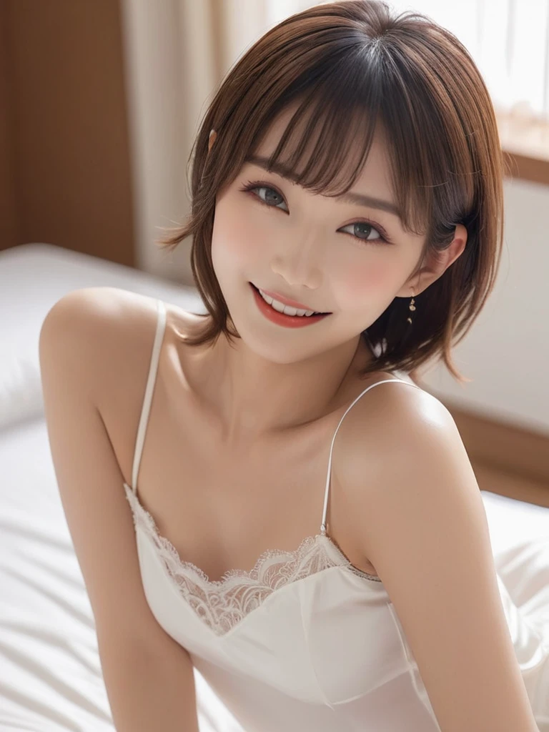 Masterpiece, High Quality, High Resolution, (Super Detail) ), (Wallpaper), ((Face) Detail),masterpiece, One woman per photo, Full Body Shot,Underarm、 Composition looking down at the subject from above, Young and beautiful woman in Japan, Smiling super cute face, short hair, She is wearing a sleeveless white silk satin chemise with white lace.,White panties、 Small breasts、skinny、Glossy Lips, Attractive person, She is lying on her back on a silk bed with her legs spread apart, Silk pillow, Silk bed sheets, Double eyelids on both eyes, Natural Makeup, Long eyelashes, Shiny and smooth light brown hair, Asymmetrical bangs, Fair skin, Center image, 8k resolution, High detail, Detailed hairstyle, Detailed face, Spectacular movie lighting, Vibrant, Ultra-realistic, Perfect limbs, Perfect Anatomy,Beautiful teeth alignment