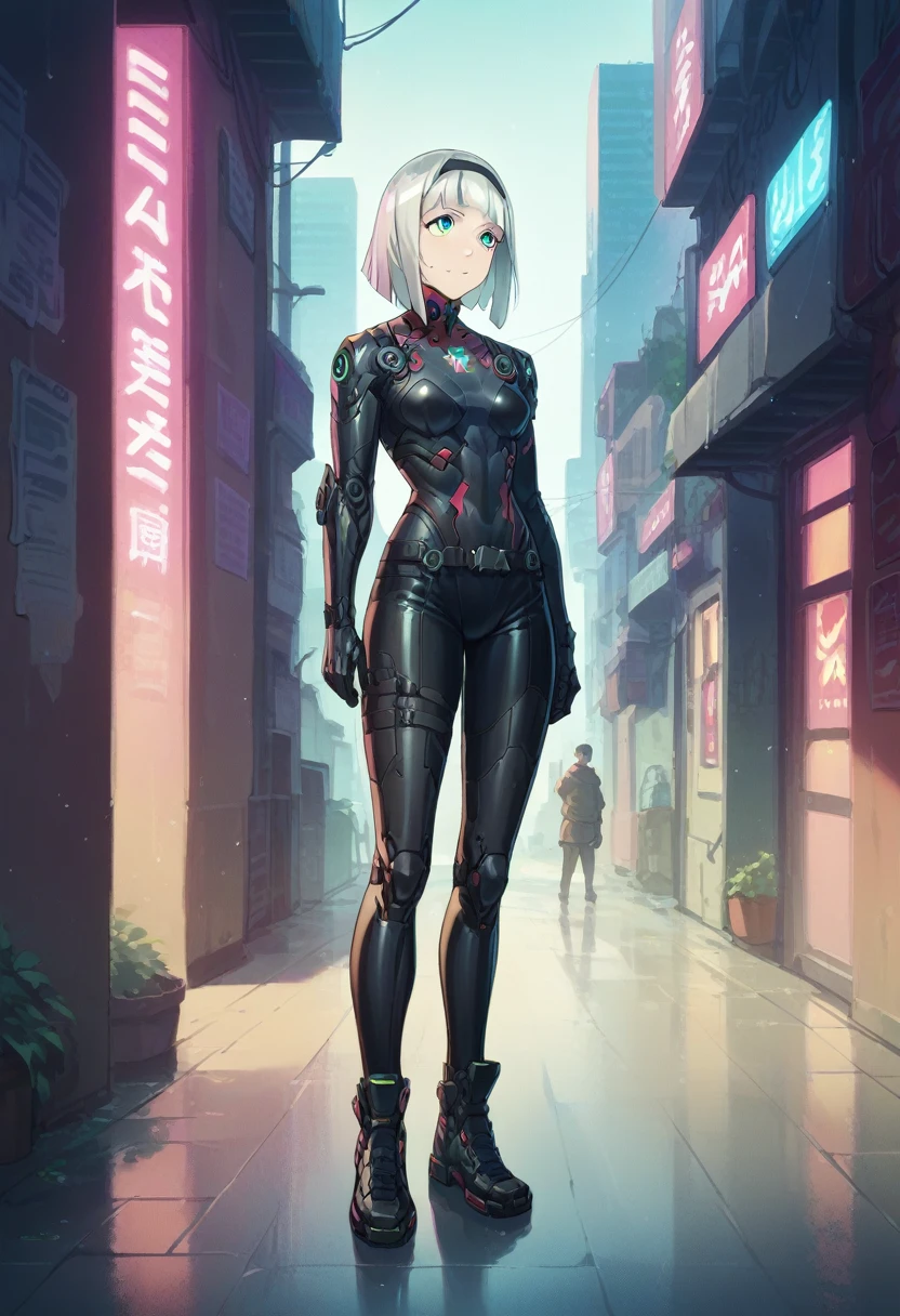 Anna nishikinomiya with the same female body but only with armor that covers her entire cyberpunk body, has a (black robotic armor)Black cyborg, from the torso to the legs and feet, cyberpunk armor full body (slim), in a raining alley of a cyberpunk city 