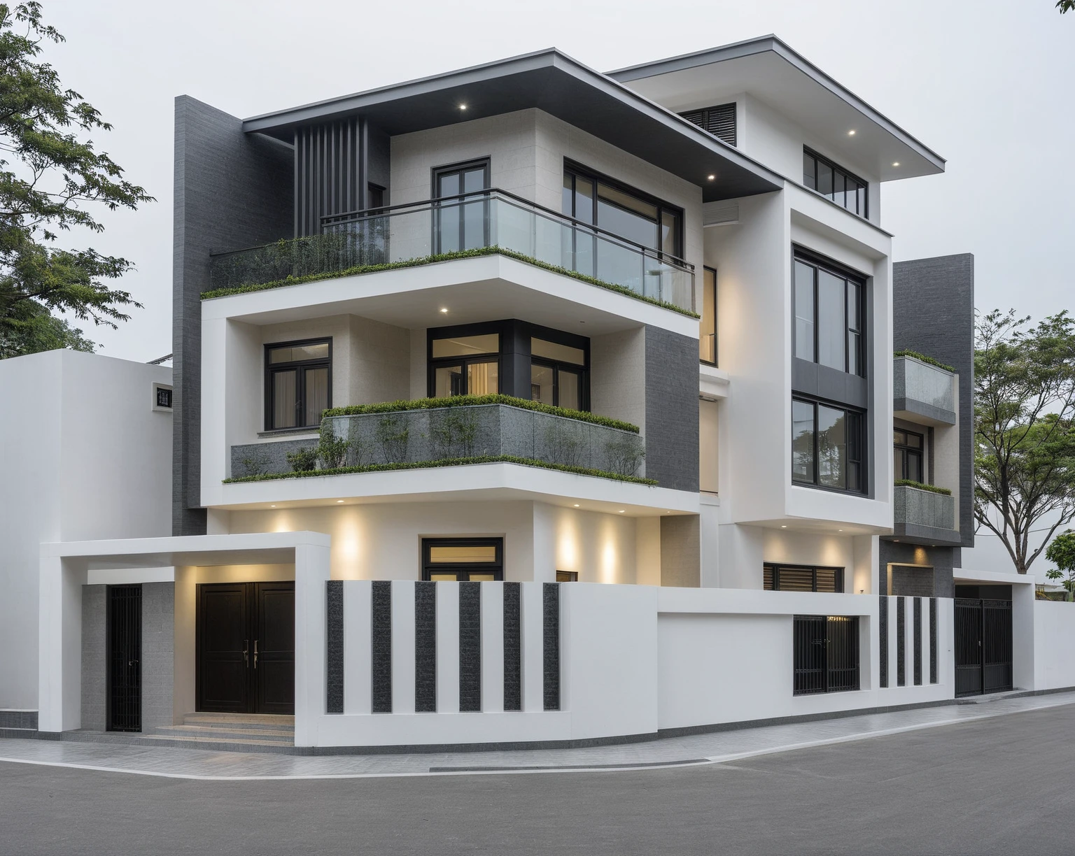 RAW photo, a photo of a modern house, (curvilinear chrchitecture:1.4), Wabisabi style rounded wall, white wall, steel dark gate, sidewalk, sidewalk trees, ((grey gate:1.2)), road, viet nam modern residence, ((architectural shot)), rough white wall, new residential area, wide angle exterior 2022, contemporary house, exterior photography, masterpiece, contemporary architecture, overcast, indirect lighting