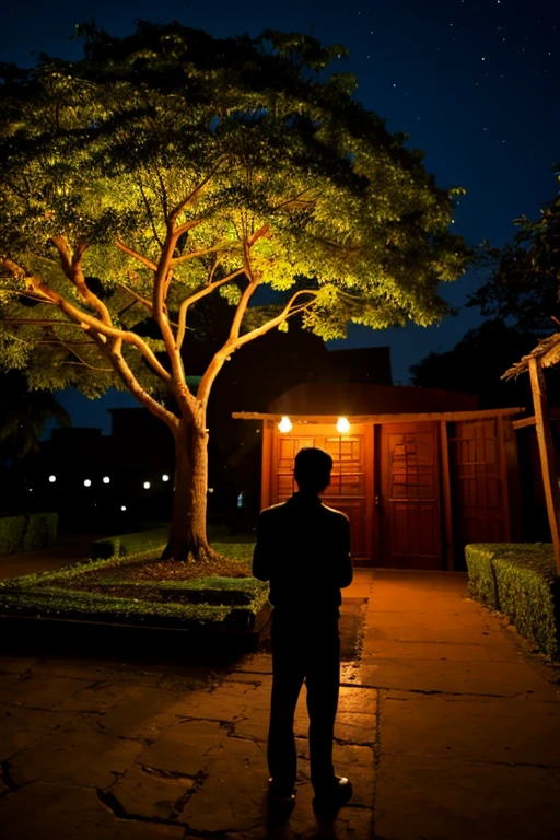 A man standing scared in front of a tree in night in Indian cartoon village