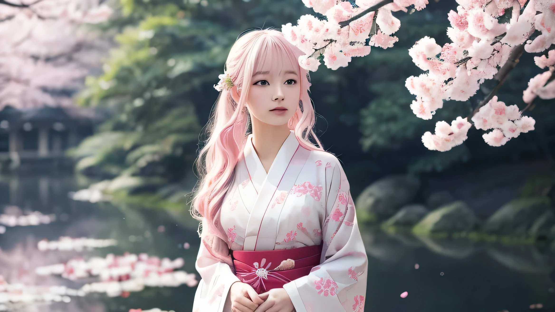 Surreal, Very detailed, High-resolution 16K images, A beautiful female ghost or guardian spirit. She has pale pink hair and clear skin., She is wearing a traditional Japanese kimono with a small cherry blossom pattern on the obi.。. This image captures the ethereal beauty and mystery of the spirit world.。. This style is delicate, The gentle aesthetics of traditional Japanese art.