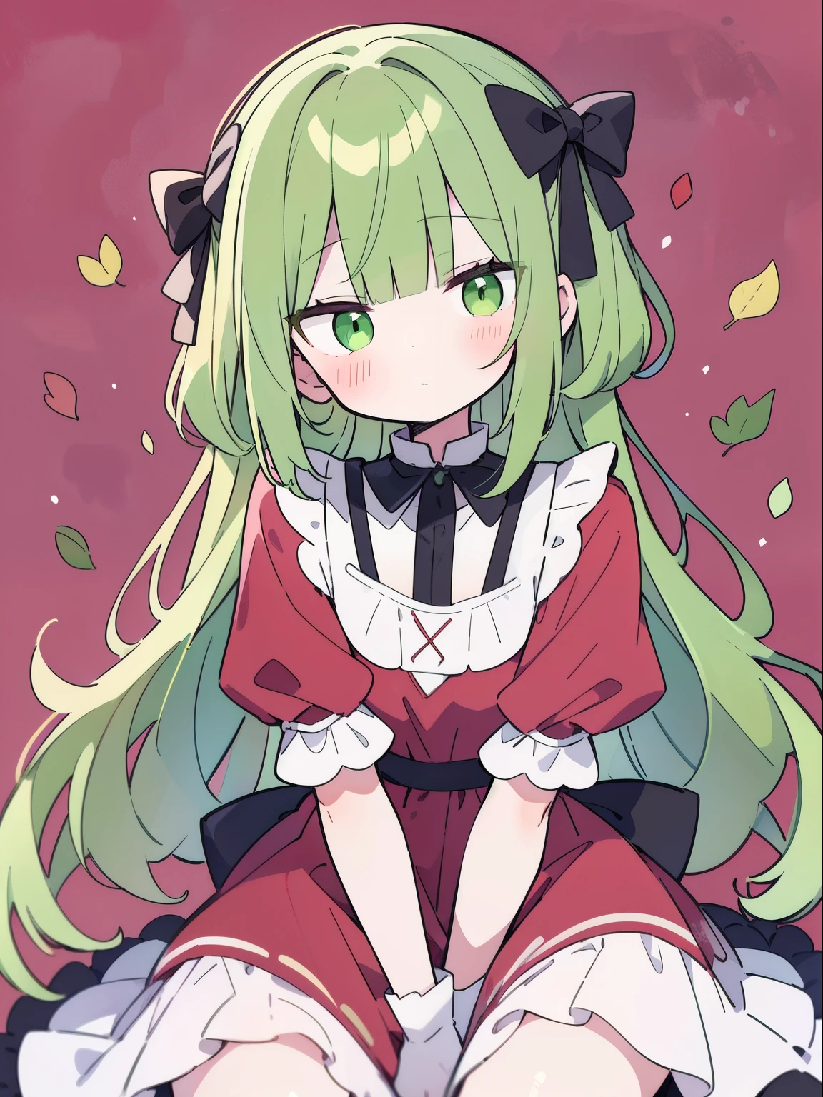 Young woman, light green hair, Red dress, dress with white elements, leaves background