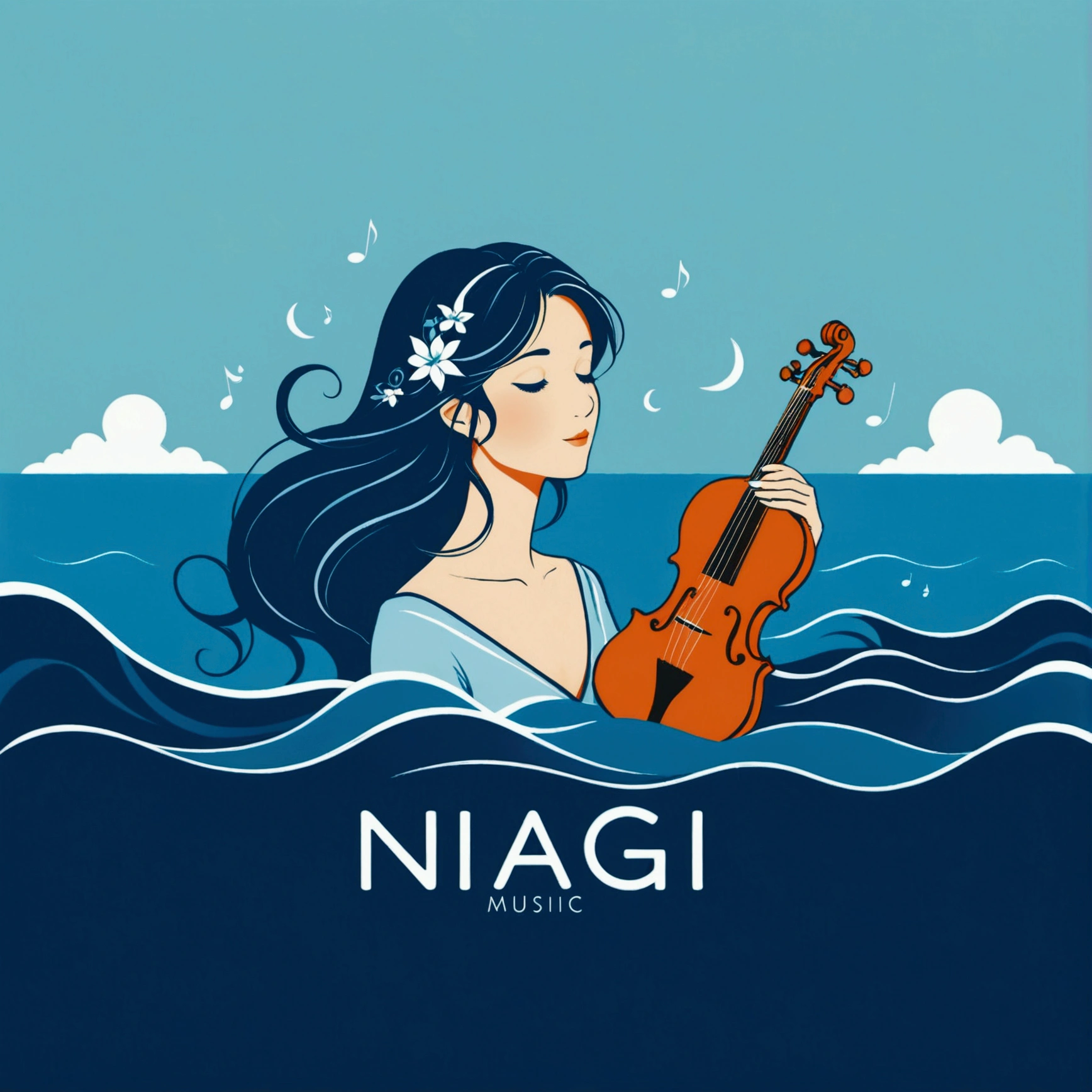 NAGI Music Label, Logo, Simple flat color, simple figure, calm, blue color, sea, flat background,