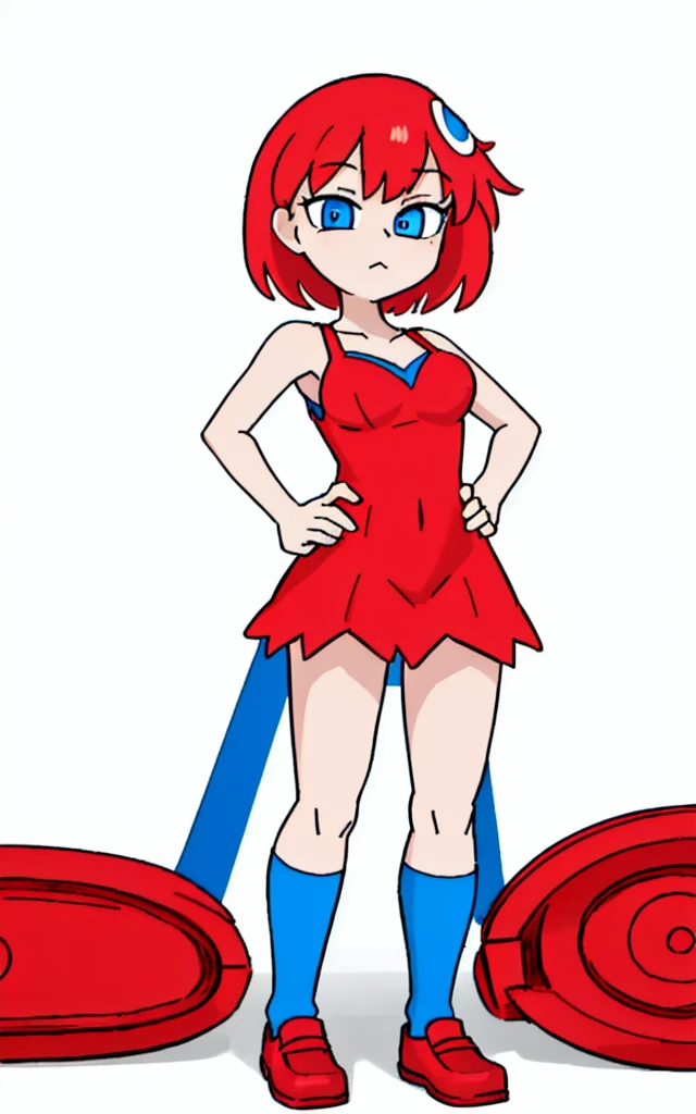 8k.4k,((Best Quality, Masterpiece, ultra high resolution)),((whole body)),standing,by Pixelsketcher, dress, Blue eyes,Red hair, red dress, short hair,old,short dress,shoes, blue panties, red shoes, neckline, sleeveless dress,(Blue socks),human,hair ornament,White background,Alone,hands on the hips