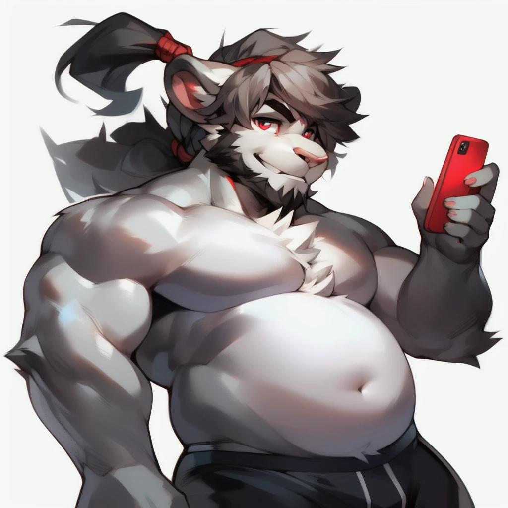 (Masterpiece: 1.2, highest quality), (intricate details), male, 1 boy, Solo, Upper body, Casual, (short hair), lion,by mystikfox61, by darkgem, (hair, snout), close-set ears directly above eyes, light pink nose, crooked mouth, smiling, detailed face, (large cartoon eyes, circular eyes), red pupils, detailed fluffy fur, (((super short frizzy hair, jagged pointy hair, slicked back bangs, extremely short beard, curly beard, frizzy goatee, widows peak))), ((((hair shorter than possible, hair tied low into short tiny tuft, scruffy side-locks, lovelocks under ears)))), small white highlights in hair, relaxed body, digital art, natural lighting, sweaty, soft muscular arms, slightly pudgy features, (((soft body, tall pecs, tall pectorals, short abdominal region, perfectly round chest, wide frame))), white stomach, beard, ((short dark grey hair, short dark hair, thick jagged eyebrows, light grey body, gray body)), pale underbelly, white counter-shaded torso and mouth, throbbing, (((white background))), (black faded ashen boxerbriefs, monochrome black trunks), baby blue towel, holding red phone