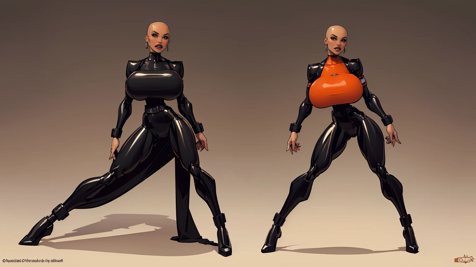 ((masterpiece)),(((best quality))),((character sheet)), ((full body view)) ((black woman)) ((skinhead:1.4)) ((confident pose)) mature face, defined cheekbones, high cheekbones, illustration, girl, muscular, ((bald:1.4)), sexy bimbo, (gigantic breasts:1.7), ((detailed face:1.4)) beautiful woman, (yellow leotard:1.4), (gold hoop earrings:1.6), (thighhighs:1.4) (yellow lips:1.6) , shiny skin, scribbles and marks,(puffy lips:1.5) , rough sketches, 8k,16k, (simple background, white background: 1.3), yellow and black color palette, (black skin:1.5)