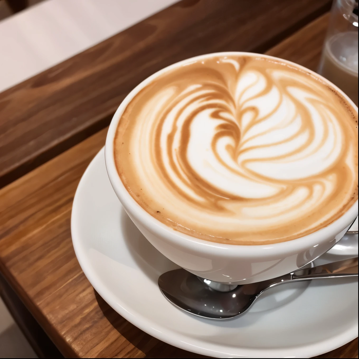 Generate images of delicious-looking cappuccino。Fruity latte art and fluffy milk foam、Warm café、Super Detail 8kCG、masterpiece、high quality、最high quality、Food Photography、