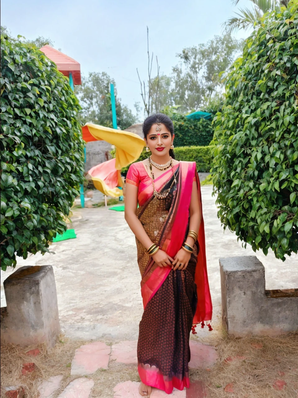 saree,posing in a colorful garden,golden sunlight,soft shadows, vibrant colors, henna tattoos, alluring eyes, seductive smile, flowing hair, elegant jewelry, intricate mehndi designs, sensual movements, graceful posture, traditional Indian earrings, pristine beauty, enchanting ambiance, exquisite silk fabric, delicate drapes, captivating presence, intricate embroidery, ornate bangles, sensual allure, mystical aura, delicate floral patterns, alluring fragrances, captivating gaze, traditional bindi, enticing curves, mysterious veil, feminine grace, bewitching charm, ancient traditions, seductive glance, radiant femininity, sensual whispers. (best quality, high-res, vivid colors, ultra-detailed, photorealistic:1.37), vibrant cultural celebration, cinematic lighting.

Precautions：
- Pay more attention to the description of the key characteristics of the characters，For example, eyes、Lips、hair、decorations, etc。
- Pay attention to depicting comfortable and harmonious pictures、Colorful feeling。
- Use appropriate vocabulary，Highlight the characteristics of the subject。
- The theme is an Indian flirting scene。Add appropriate details as required by the scene。

You can make appropriate adjustments and play based on the above needs，Keep the image relevant to the subject、Be creative and artistic。