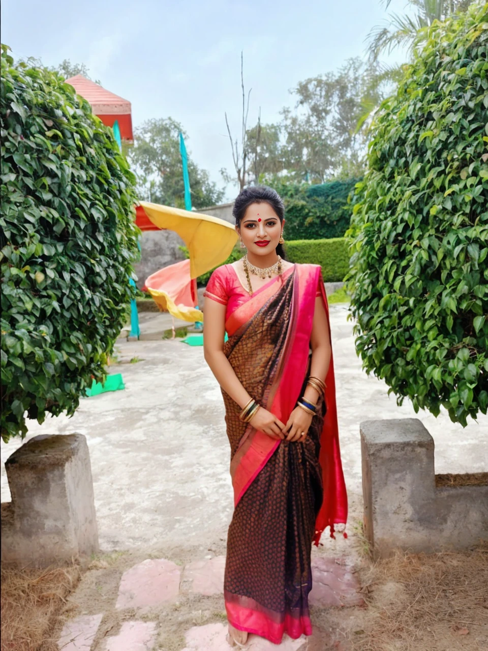 saree,posing in a colorful garden,golden sunlight,soft shadows, vibrant colors, henna tattoos, alluring eyes, seductive smile, flowing hair, elegant jewelry, intricate mehndi designs, sensual movements, graceful posture, traditional Indian earrings, pristine beauty, enchanting ambiance, exquisite silk fabric, delicate drapes, captivating presence, intricate embroidery, ornate bangles, sensual allure, mystical aura, delicate floral patterns, alluring fragrances, captivating gaze, traditional bindi, enticing curves, mysterious veil, feminine grace, bewitching charm, ancient traditions, seductive glance, radiant femininity, sensual whispers. (best quality, high-res, vivid colors, ultra-detailed, photorealistic:1.37), vibrant cultural celebration, cinematic lighting.

Precautions：
- Pay more attention to the description of the key characteristics of the characters，For example, eyes、Lips、hair、decorations, etc。
- Pay attention to depicting comfortable and harmonious pictures、Colorful feeling。
- Use appropriate vocabulary，Highlight the characteristics of the subject。
- The theme is an Indian flirting scene。Add appropriate details as required by the scene。

You can make appropriate adjustments and play based on the above needs，Keep the image relevant to the subject、Be creative and artistic。