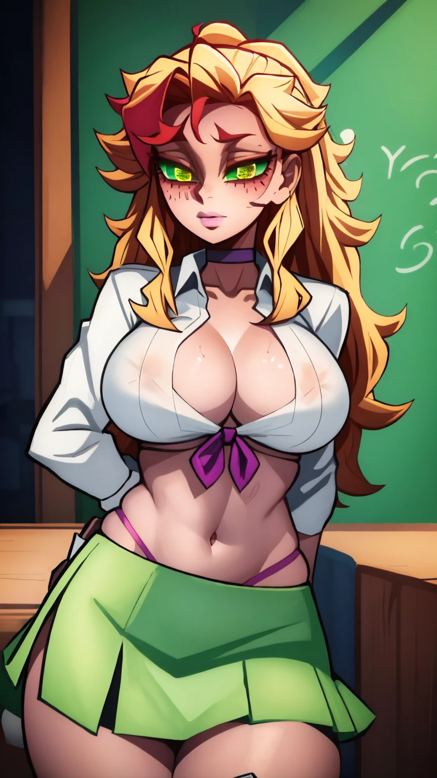 a sexy girl Big breast sensual beautiful popularity beautiful  long curly yellow hair her green eye cute pink lip she wears a white button-down shirt tied knot shows navel shows chest Purple bra and a short green skirt black heel