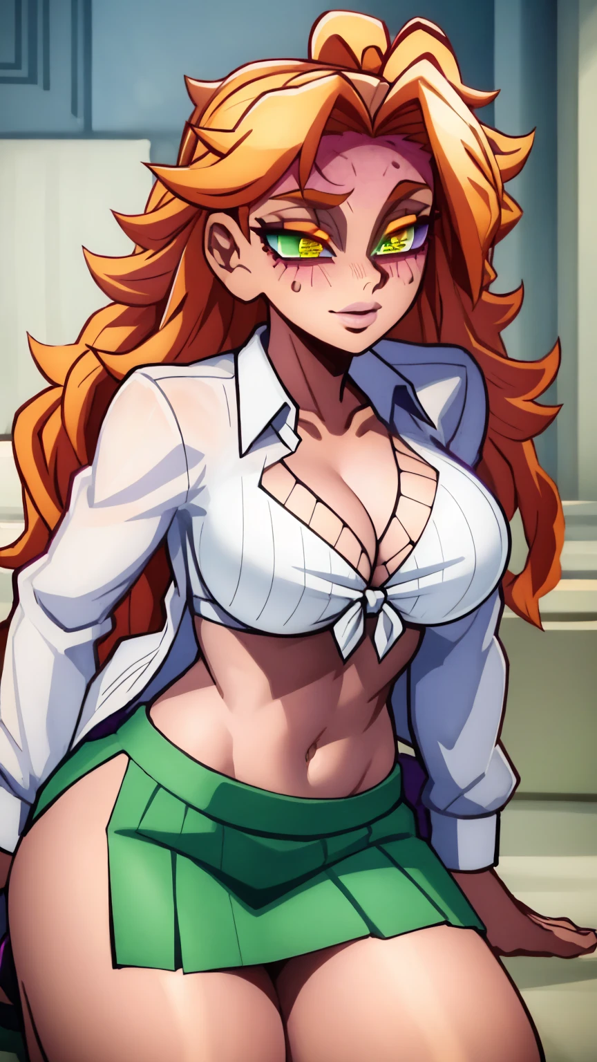 a  Big  sensual beautiful popularity beautiful  long curly yellow hair her green eye cute pink lip she wears a white button-down shirt tied knot shows navel shows  Purple bra and a short green skirt black heel