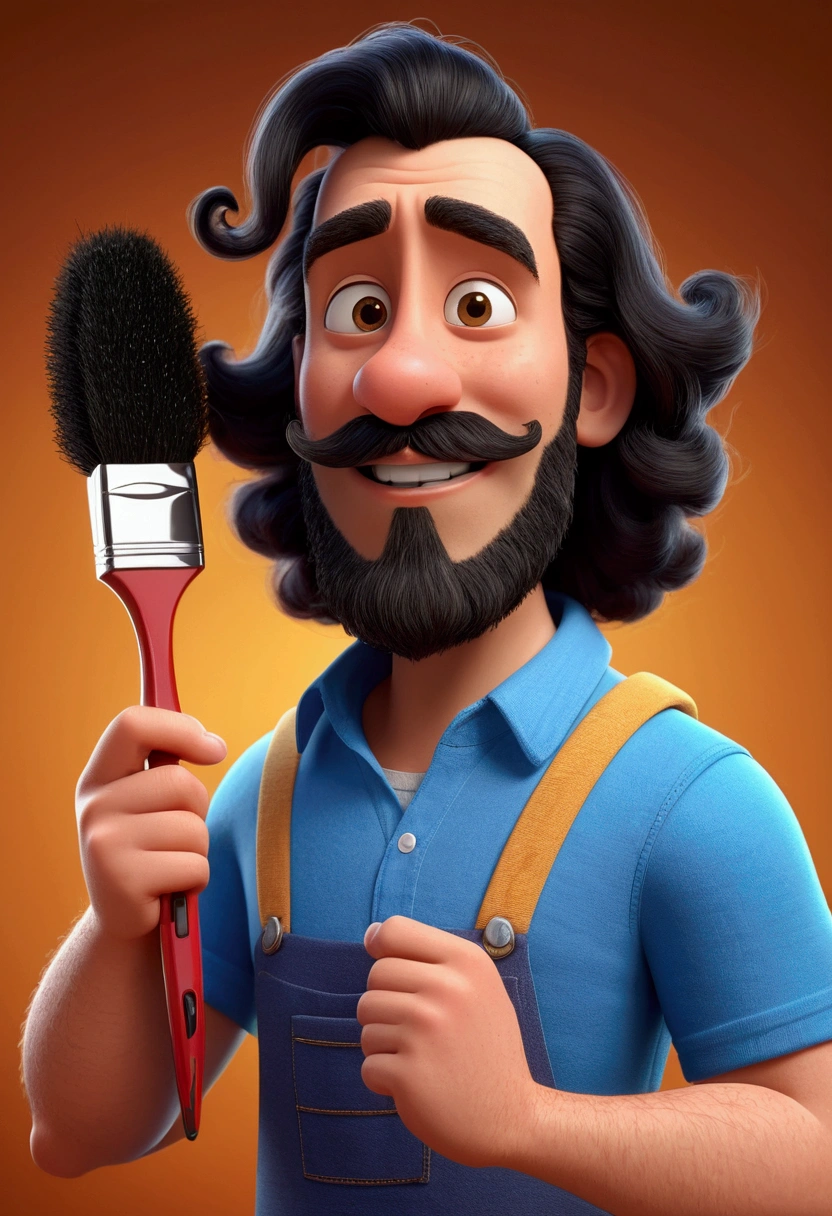 Cartoon character of a man with long black curly hair down to his neck, He has black eyes, He has a medium black Zappa beard, he is holding a brush with paint, an animated character, stylized character, animation style rendering, 3d stylized, Arnold Maya rendering, Stylized 3D rendering, toon render screenshot, 3d character, 3d character, Stylized 3D rendering, 3D character rendering, cartoon character, Personagem de close up, character posing, (Pixar-style) (master part:1.2) (bokeh) (best qualityer) (skin detailed) (detailed texture) (8k) (Argilla) (cinematic lighting) (sharp focus,Sit down and lift your upper body