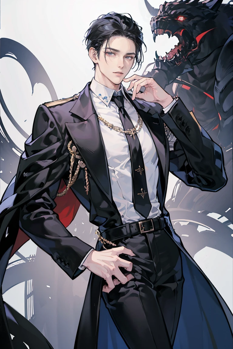 anime - (masterpiece), best quality, seductive eyes, mature face, black eyes, long slicked back black haircut, white long sleeve polo, black necktie, black coat with badges and medals, black pants, tall man, long legs, masculine, massive body, adult-like, full body 