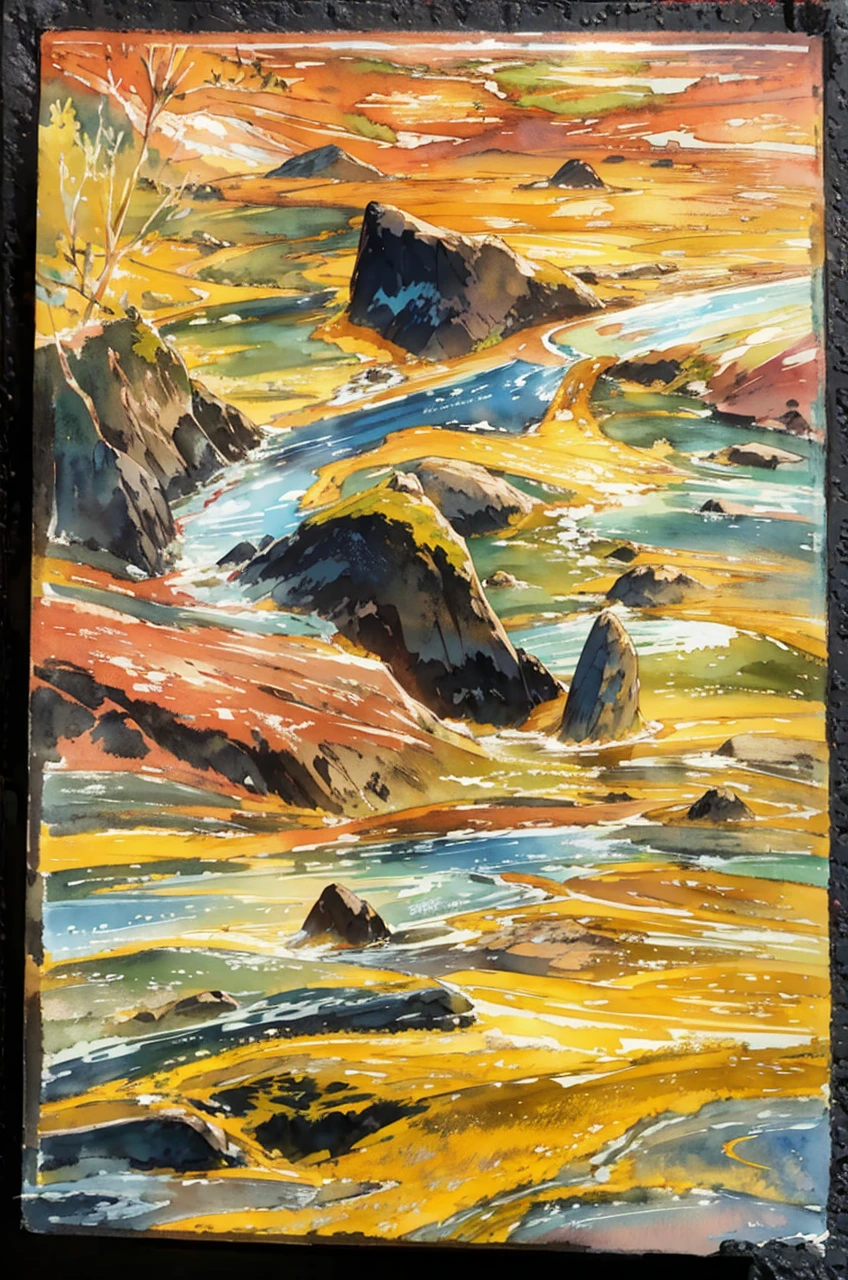Alpine greenery scenery,Terrain elevation changes,Flowing water sparkles,Beautiful sunset and beautiful clouds,The colors are distinct and blended,Clear changes in light and shadow,Silky smooth and delicate watercolor painting