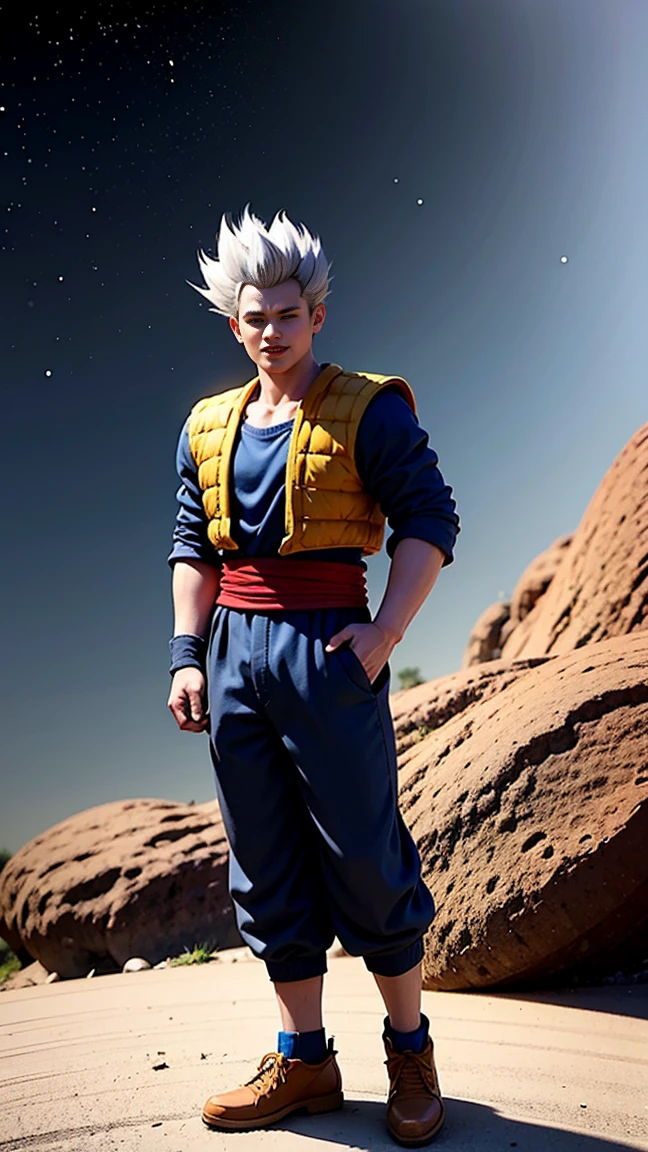 masterpiece, best quality, ultra-detailed,  Gohan 1boy, solo, Full body, evil smile, grey hair, spiked hair, red eyes, dougi, full body, looking at viewer, male focus, earth \(planet\), planet, space, cracked ground and rocks rising up, rubble rising,