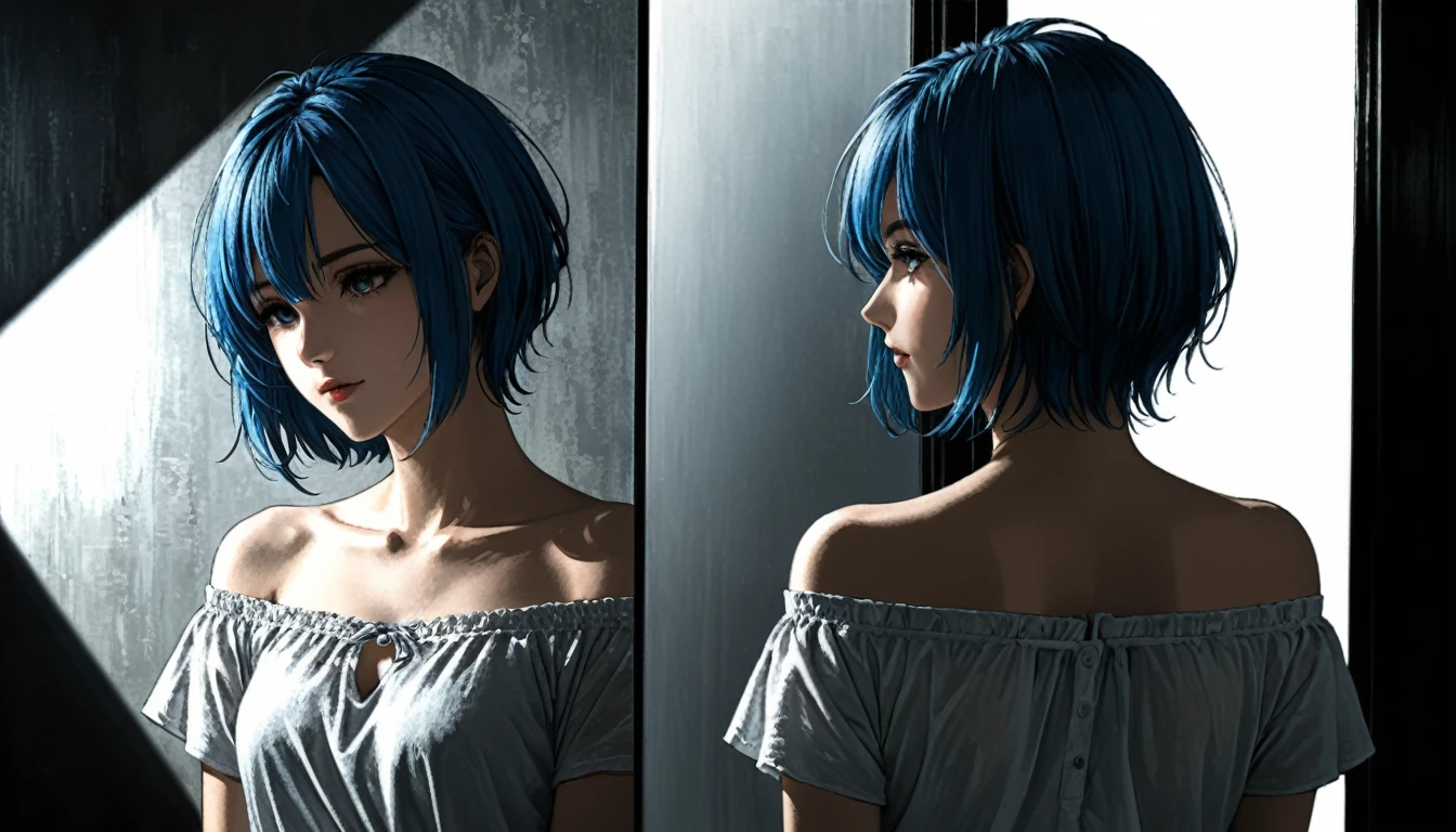 style of santiago caruso, 1 girl,(Neck tilt 90 degrees,Face Up),A hand reaches out from the mirror,Girl with short blue hair,Off-the-shoulder white T-shirt,clavicle,((((Turned)))),Oblique composition,Flowing short hair,真实shadow,Comic Style,dark中的顶光,bust,dark,shadow,