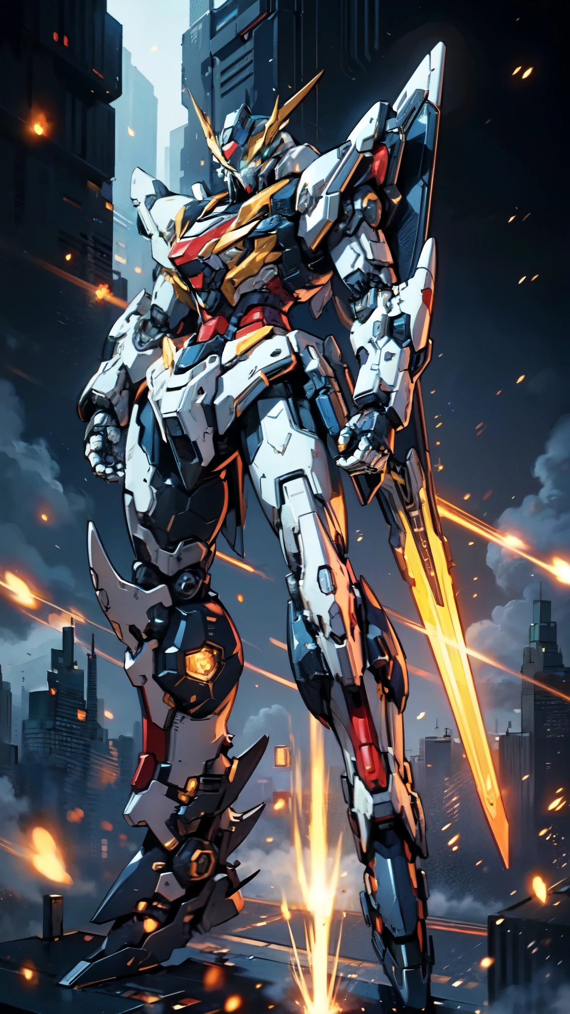 (masterpiece:1.5, best quality:1.5, extremely delicate:1.5), humanoid Mecha, fully enclosed shoulder guards, matching arm and leg guards, full body, full armor, the design balances heavy with agility, (the color scheme is primarily white with red and blue accents, the concept Inspired by Super robot, organic biotech armor, standing, floating high above the futuristic sci-fi city), exquisite and mature art style, (aura effect, energy, glowing eyes, the armor glows), ((SRS)), metallic, dramatic, high definition, highres, ultra-detailed, ultra-fine painting, professional, perfect body proportions, anatomically correct, symmetrical face, extremely detailed eyes and face, high quality eyes, creativity, RAW photo, UHD, 32k, Natural light, cinematic lighting, masterpiece-anatomy-perfect