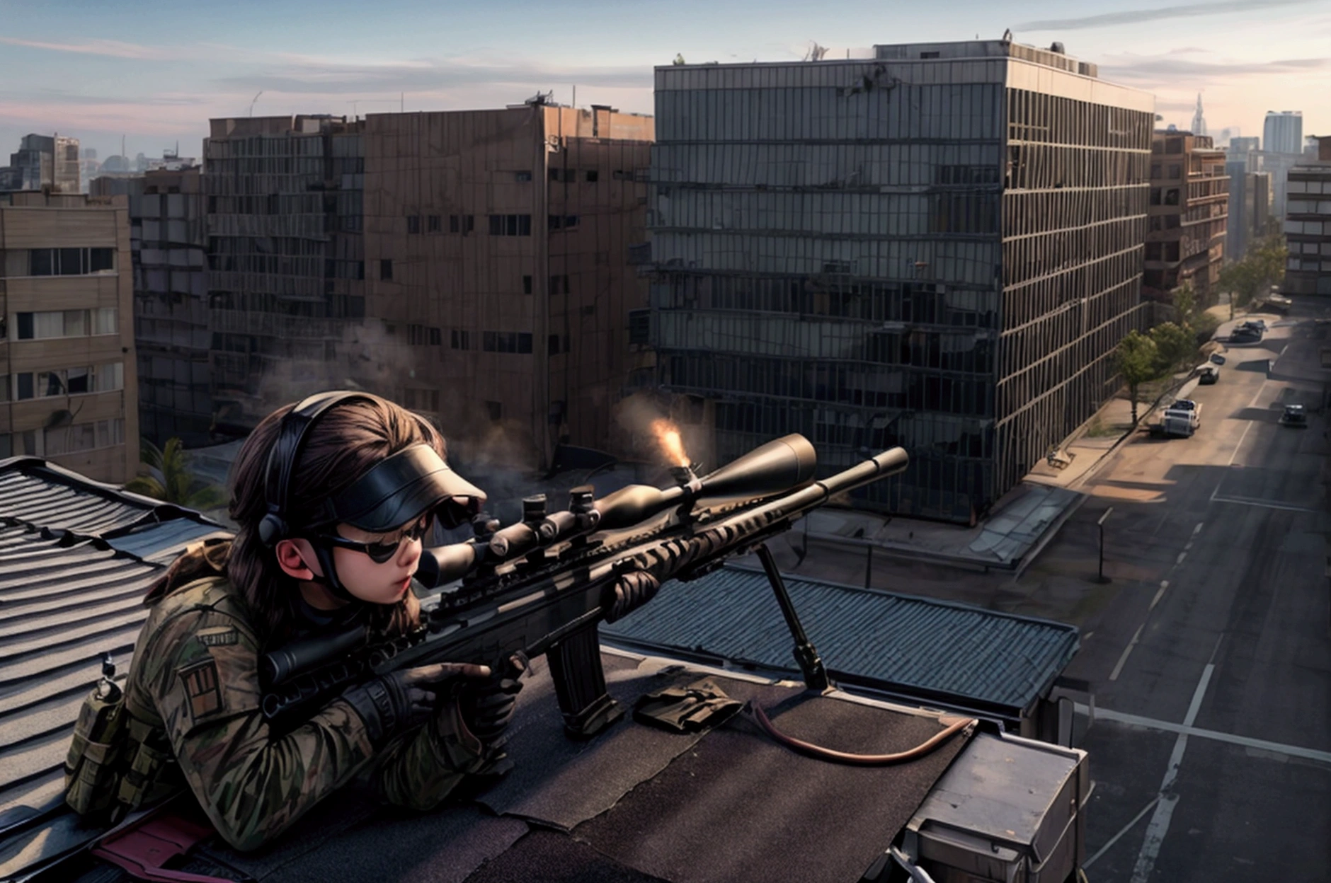 masterpiece,Highest quality,8k,High resolution,Raw photo,Professional,
Physically Based Rendering,Thin contours,
(Early morning building street,A sniper shoots at a target on the roof of another building:1.3),
He hides in a corner of the rooftop with his rifle at the ready. (The rifle is assembled)
(Lie face down with a rifle in hand),(Wearing a black headset),
(I'm excited with anticipation),