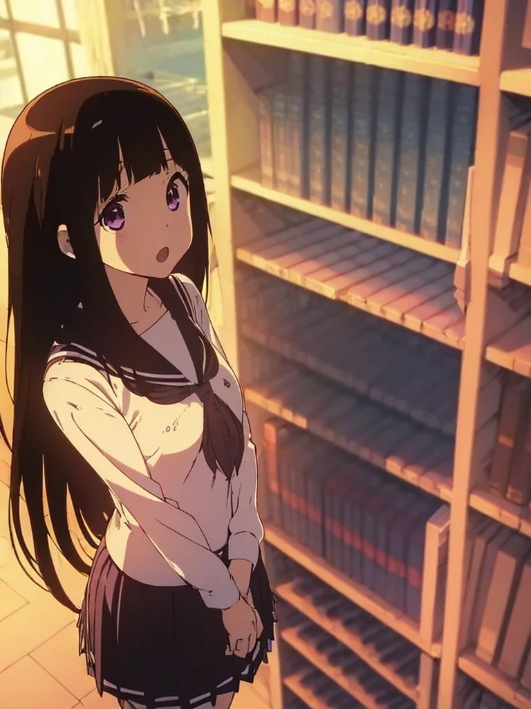 ((masterpiece,best quality,ultra detailed)),((serafuku,sailor suit,(high-waist skirt))),purple eyes,black hair,library,pleated skirt,dress,((cute,anime)),open mouth,curious,detail eyes