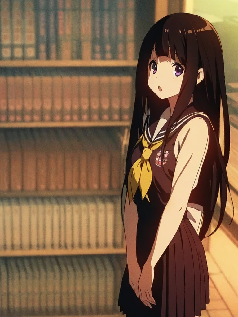 ((masterpiece,best quality,ultra detailed)),((serafuku,sailor suit,(high-waist skirt))),purple eyes,black hair,library,pleated skirt,dress,((cute,anime)),open mouth,curious,detail eyes