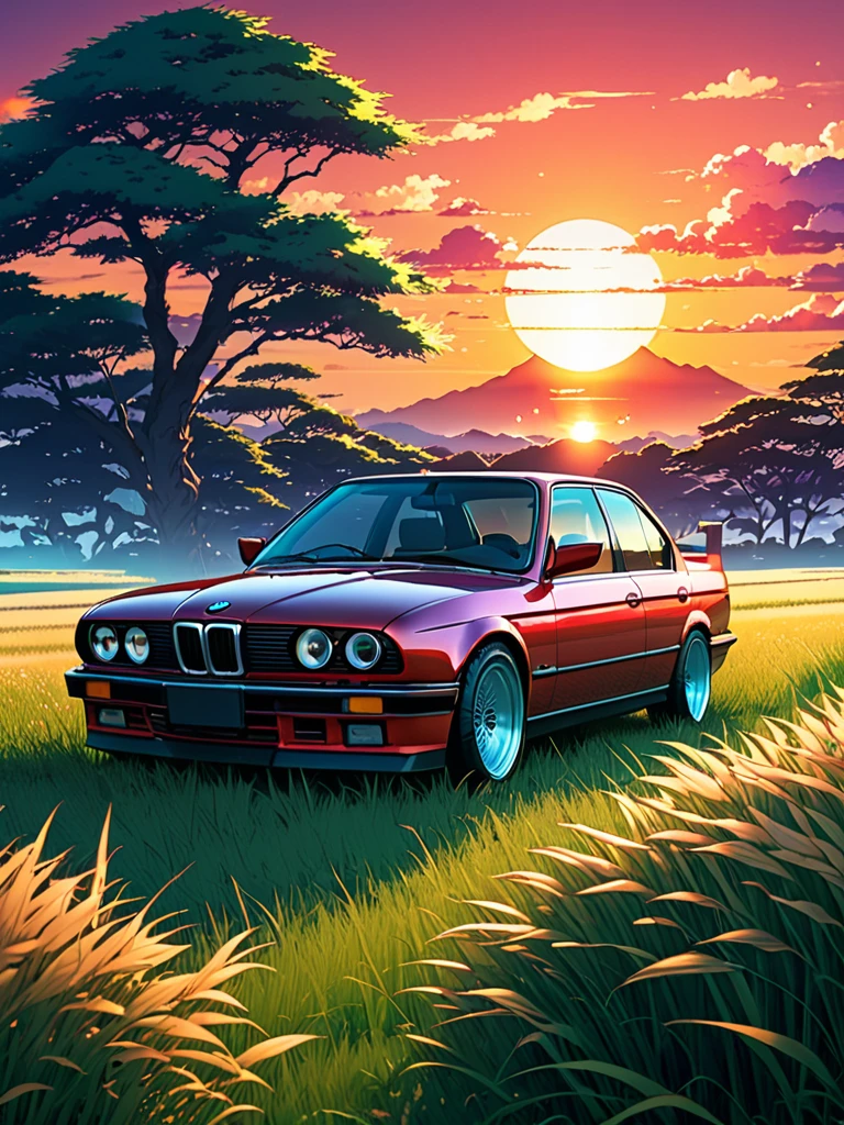 anime landscape of A pearl super space laser redclassic 1993 BMW E30 318i sport sits in a field of tall grass with a sunset in the background.beautiful anime scene, beautiful anime peace scene, Makoto Shinkai Cyril Rolando, beautiful anime scene, amazing wallpaper, anime art wallpaper 8k, anime background, artistic anime background, anime wallpaper 4k, anime art 4k wallpaper, anime wallpaper art 4k,