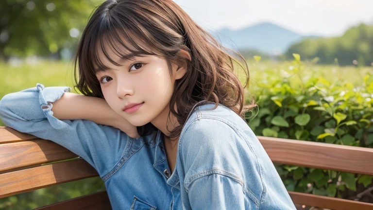 Produce the highest quality and highest resolution 8K images。Please draw the upper body of a 20 year old Japanese woman.。Please draw an image of someone sitting on a park bench looking up at the sky.。She has brown eyes and a model figure.、She has an idol-level cute face.。The hair is curly。The skin is、It is a natural skin color。