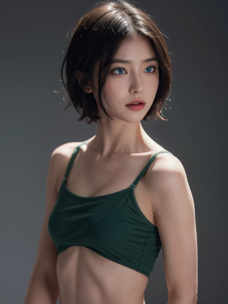 top-quality, masterpiece, 超A high resolution, (Photorealsitic:1.5), Raw photo, Skin Tight Black Top:1.2, Looking at Viewer, Cinematic lighting, Perfect, soft light, High resolution skin:1.2, Realistic skin texture, 25 years old mature woman, a small face, natural make up, off shoulders, Exposed cleavage, Blue eyes, Short hair, dark brown  hair, Bust B Cup, Small breasts, Gray background, green bikini