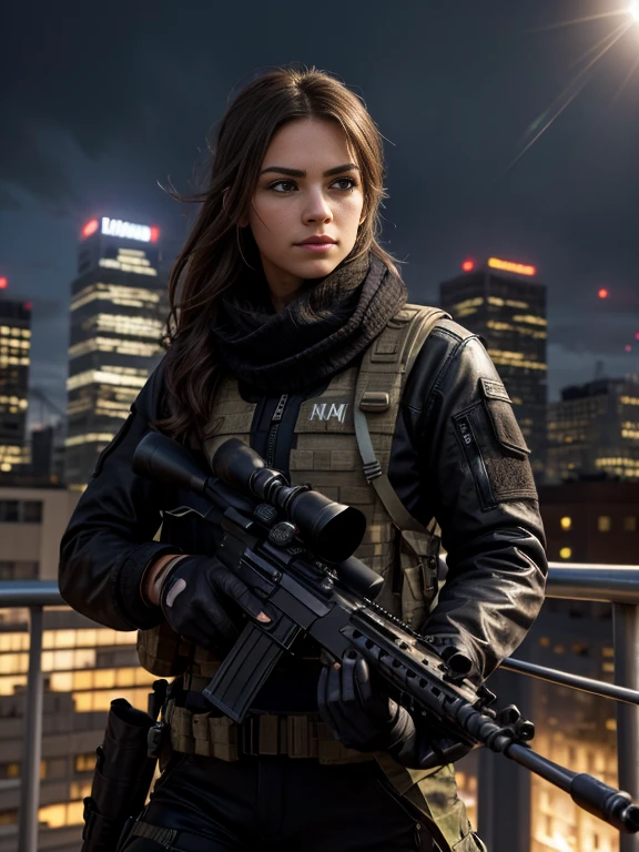 Masterpiece, Best Quality, Super Detailed, High Definition, HDR, Realistic, Depth, Fine Texture, Super Fine, Complete concentration. A cool and stylish sniper,(Snipers are on a mission to eliminate targets in the crowd): detailed tactical outfit, advanced sniper rifle, focused expression, Scene: Rooftop of a high-rise building at sunset, cityscape in the background, lens flare, shadows, and highlights enhancing the atmosphere, Background: Urban city, detailed skyline, vibrant colors, dramatic lighting, Lighting: Cinematic lighting, volumetric lighting, lens flare, dramatic shadows, Details: Beautiful detailed eyes, intense gaze, intricate details on the sniper rifle, wind blowing through hair or scarf, Atmosphere: Action-packed, intense, stylish, professional, vibrant, ultra-detailed, white and black colour schemes