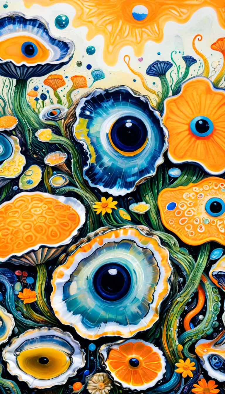Children's graffiti,Thick coating,Concave and convex texture,Oil pastel strokes:Oysters、flowesh、Tentacles、bird、Eye、diatom,Abstract mosaic painting,Describing the inner world of autistic people,Sense of space,White Space,interesting,Innocence,Psychedelic Art,Orange overall