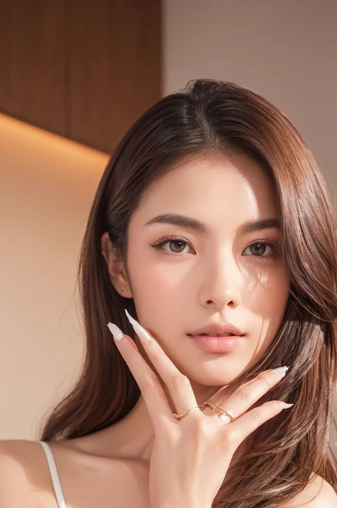 A close-up portrait of a Japanese woman in a studio setting, showcasing her expertly styled, light-colored hair that exudes a fresh-from-the-salon look. Her hair has natural, dynamic movement with soft waves and layers that frame her face beautifully. The hairstyle features subtle volume at the roots, with expertly crafted layers that cascade down, creating a sense of depth and dimension. Light catches the various strands, highlighting the multi-tonal aspects of the color and emphasizing the hair's healthy shine and texture. Her eyes are the focal point, featuring long, voluminous eyelashes that are perfectly curled and defined. A precise, dark eyeliner accentuates her eyes, with a subtle wing at the outer corners. Her cheeks have a soft blush, adding a warm glow to her complexion. Her right hand is elegantly positioned, gently touching her right cheek. The hand is anatomically correct with all five fingers visible and naturally posed. Each finger joint is appropriately bent, maintaining a natural shape. The fingertips are smooth, with clear, well-defined nail lines. She has dusty pink nail polish on her oval-shaped nails of moderate length, which are clearly visible and prominently displaying the nail art. The studio lighting brilliantly illuminates her face, hair, and hand, particularly emphasizing her eyes, eyelashes, eyeliner, and the dynamic movement of her hair, while also highlighting the outlines of the fingers and the details of the nails. The lighting creates a interplay of light and shadow that accentuates the hair's texture and movement. The background is pure white, creating a clean and bright atmosphere with no other elements present. Ensure the background is completely white and empty.