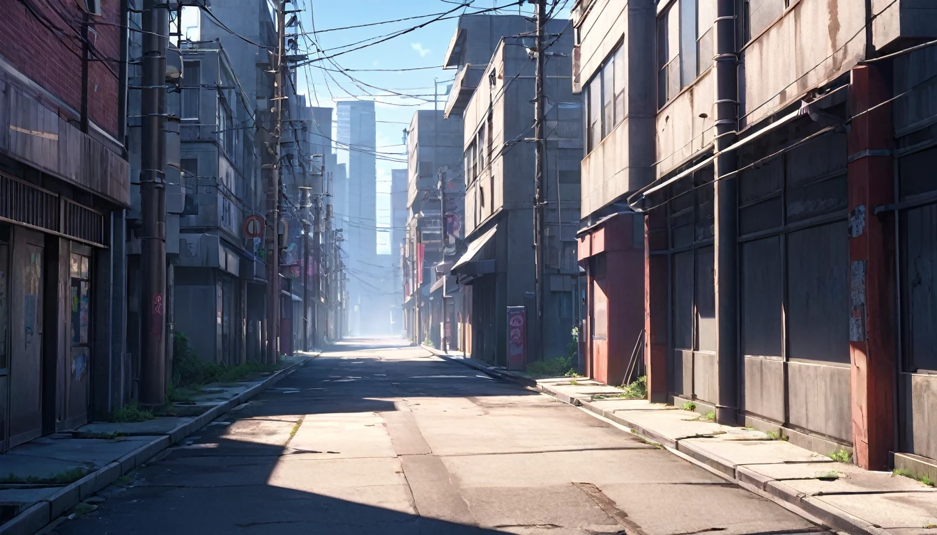 a deserted city street, empty concrete alley, telephone poles, anime style, daytime, cinematic lighting, dramatic atmosphere, high detailed, 8k, photorealistic, hyper detailed, dramatic shadows, moody lighting, vibrant colors, neon signs, futuristic architecture, minimalist design, urban decay, abandoned, desolate, eerie, tranquil, peaceful, solitary, lonely, atmospheric