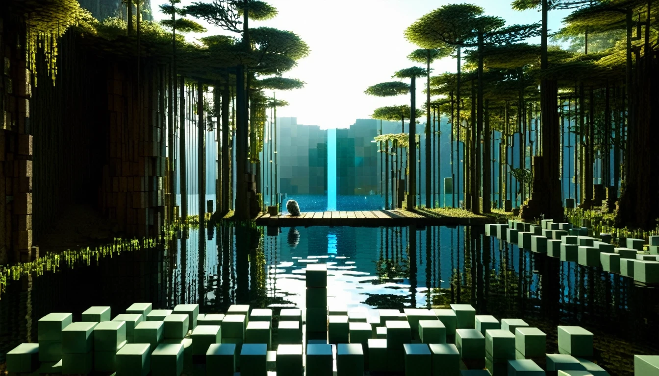 An enchanted lake in a deep, secret location littered with RAL-3D cubes, Great light pours in, owl watching from afar