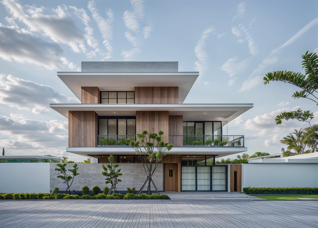 1 main wood door, slope roof, many glass door, concrete, wood wall,white, modern villa, palm, plant, beautiful sky, wood facade, architecture, beautiful, masterpiece, best quality, super detailed, realistic, photorealistic, 8k, sharp focus, droste effect photography, macro photography