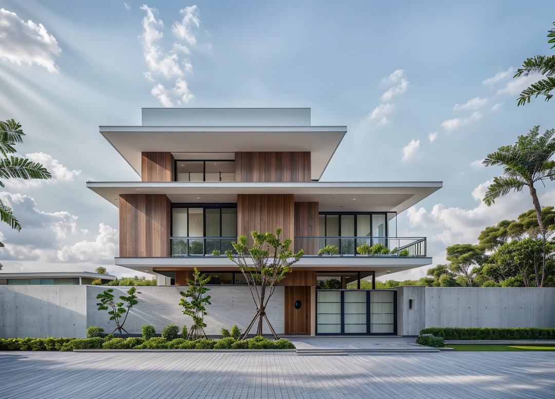 1 main wood door, slope roof, many glass door, concrete, wood wall,white, modern villa, palm, plant, beautiful sky, wood facade, architecture, beautiful, masterpiece, best quality, super detailed, realistic, photorealistic, 8k, sharp focus, droste effect photography, macro photography