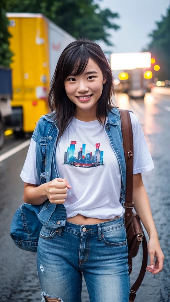 A woman hitchhiking with her right thumb up。T-Shirts Jeans Waiting for a truck on the side of the road Light rain