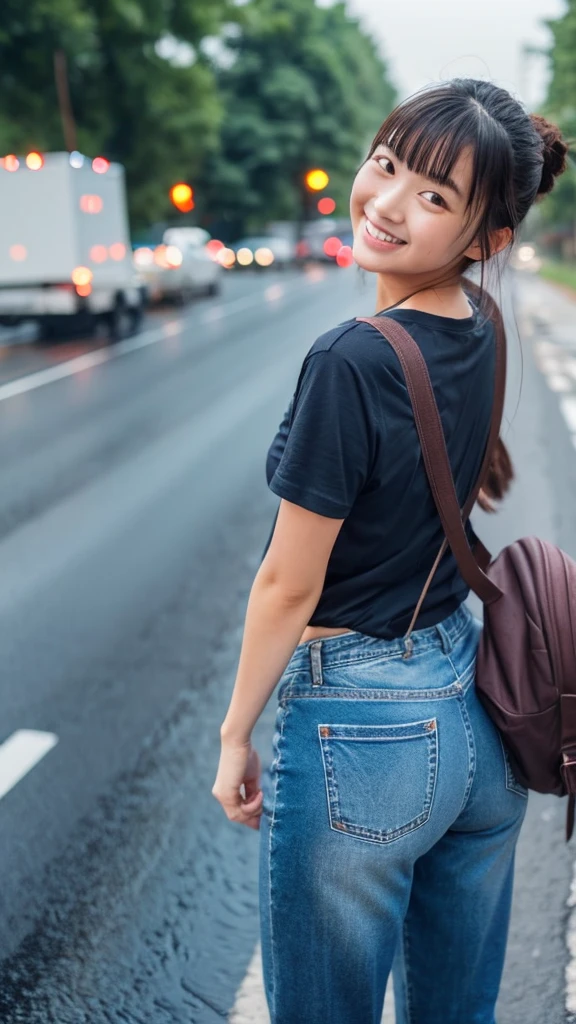A woman hitchhiking with her right thumb up。T-Shirts　Jeans　Waiting for a truck on the side of the road　Light rain　