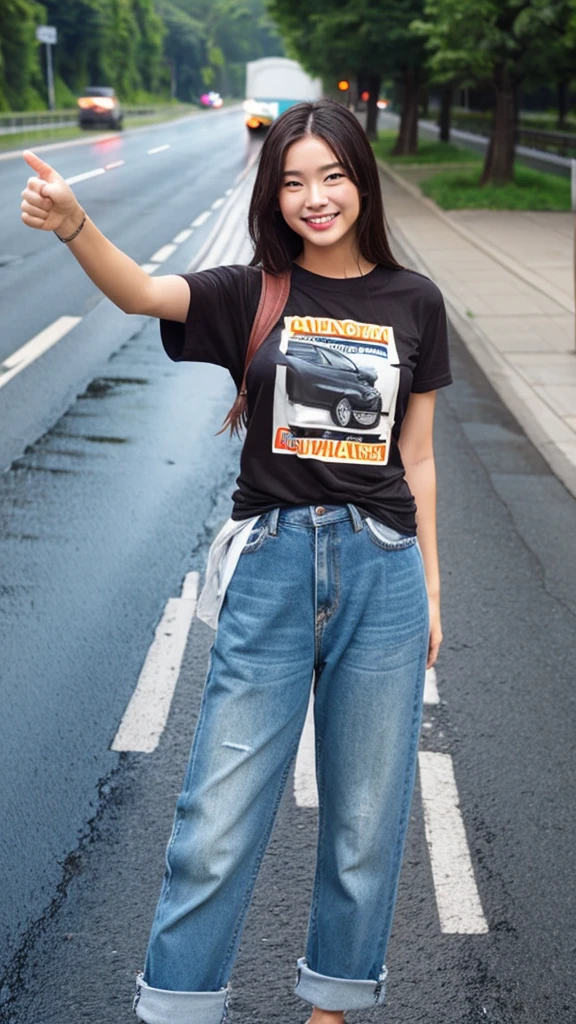 A woman hitchhiking with her right thumb up。T-Shirts Jeans Waiting for a truck on the side of the road Light rain