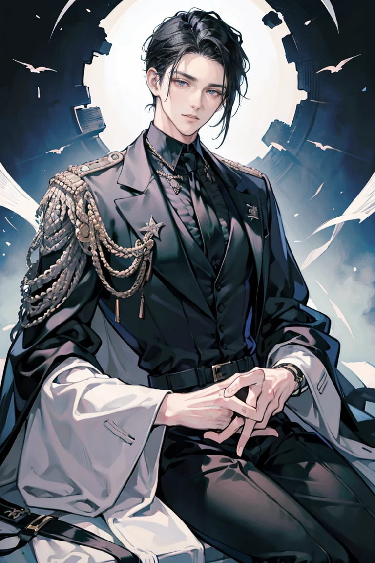 anime - (masterpiece), best quality, seductive eyes, mature face, black eyes, long slicked back black haircut, white long sleeve polo, black necktie, long black coat with badges and medals, black pants, tall man, long legs, masculine, massive body, adult-like, full body