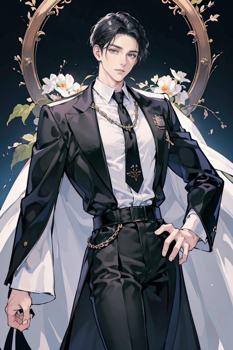 anime - (masterpiece), best quality, seductive eyes, mature face, black eyes, long slicked back black haircut, white long sleeve polo, black necktie, long black coat with badges and medals, black pants, tall man, long legs, masculine, massive body, adult-like, full body