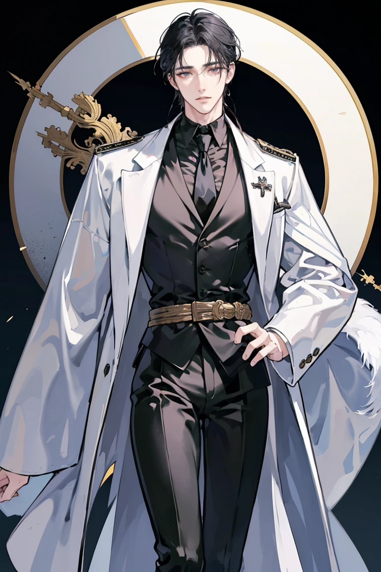 anime - (masterpiece), best quality, seductive eyes, mature face, black eyes, long slicked back black haircut, white long sleeve polo, black necktie, long black coat with badges and medals, black pants, tall man, long legs, masculine, massive body, adult-like, full body
