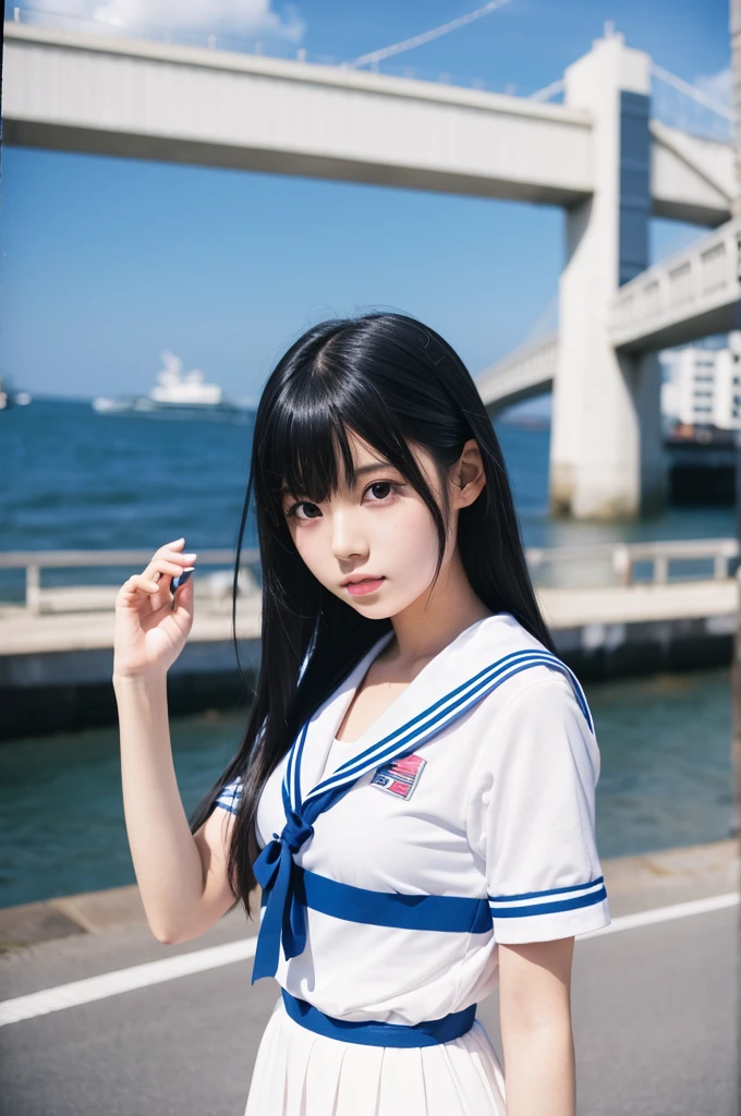 instax, snapshot, Realistic, Photography, jpop girl group's girl, Japanese-idol-face girl, A girl with a face like a beautiful anime cosplayer, 17-years-old, kawaii, Japanese sailor , black hair, straight hair, Lomography, blue and white, cinematic shot, dynamic pose, dynamic angle, in the style of y2k aesthetic