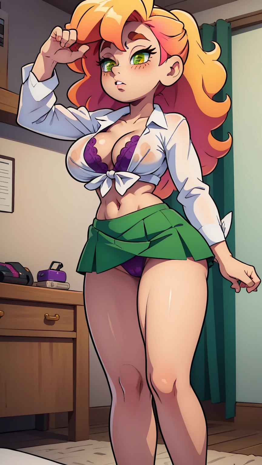 a sexy girl Big breast sensual beautiful popularity beautiful  long curly yellow hair her green eye cute pink lip she wears a white button-down shirt tied knot shows navel shows chest Purple bra and a short green skirt black heel