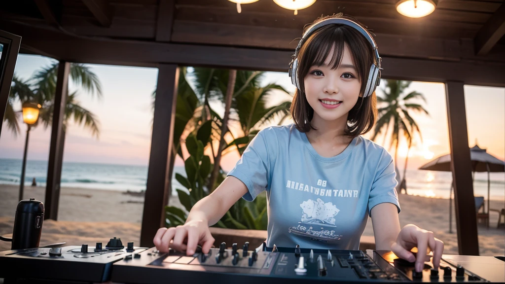 (ultra - detailed, 16K resolution, Cinema lenses, rendering by octane), (high resolution:1.18), intricate detail, (masterpiece:1.1), (highest quality:1.1), (1girl, portrait, white hair, blue eyes, short hair, detailed eyes),Wearing silver DJ headphones, sequined T-shirt, (in the beach:1.5), (Iconic hip-hop pop costumes:1.3), Smile while DJing on stage, DJ studio next to the beach, ((A stylish DJ stage on a hill overlooking the beach)), full body shot, Photorealistic photography by Sunshine, (cute round face:1.3), perfect fingers, five fingers, beautiful hands, perfect hands. master peace, cute smile, Fixhand.