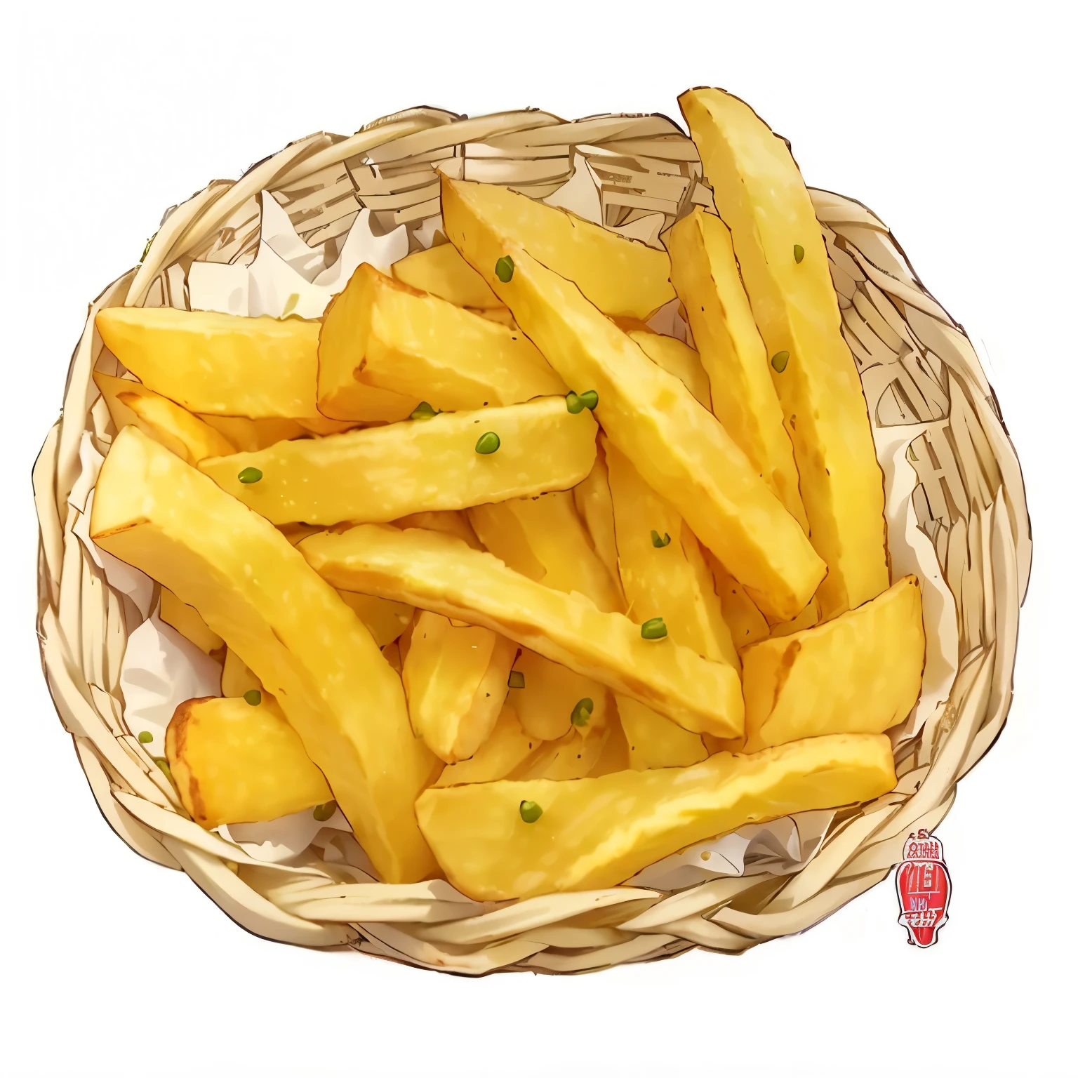 there is a basket of french fries with green peas on top, french fries, fries, Inspired by Pia Fries, french fries on the side, chip, with fries, best fries, Anime Food, serving fries, Hyper-realistic food pictures, french fries as arms, author:Hiratsuka Yunichi, ❤🔥🍄🌪, Leisure Style, Potato