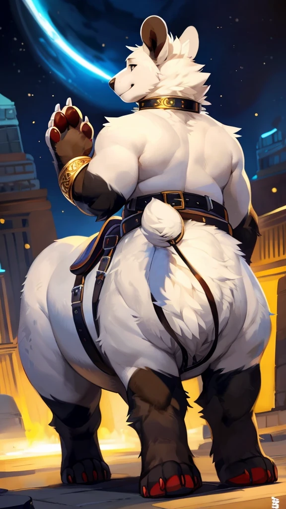 goat, female sheep, large breast, wide hips, looking away, armor, rear view