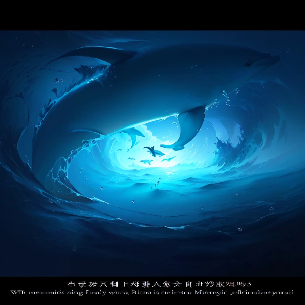 There is a dolphin swimming in the sea,There is a sentence above, Shinkai Makoto Cyril Rolando, inspired ByCyril Rolando, Cyril Rolandor style, ABZU, Fish in the ocean sparkle, Cyril Rolando and Goro Fujita, Concept Art Magic Highlights, Moonlight fisheye illustration, ByCyril Rolando, A beautiful artistic illustration