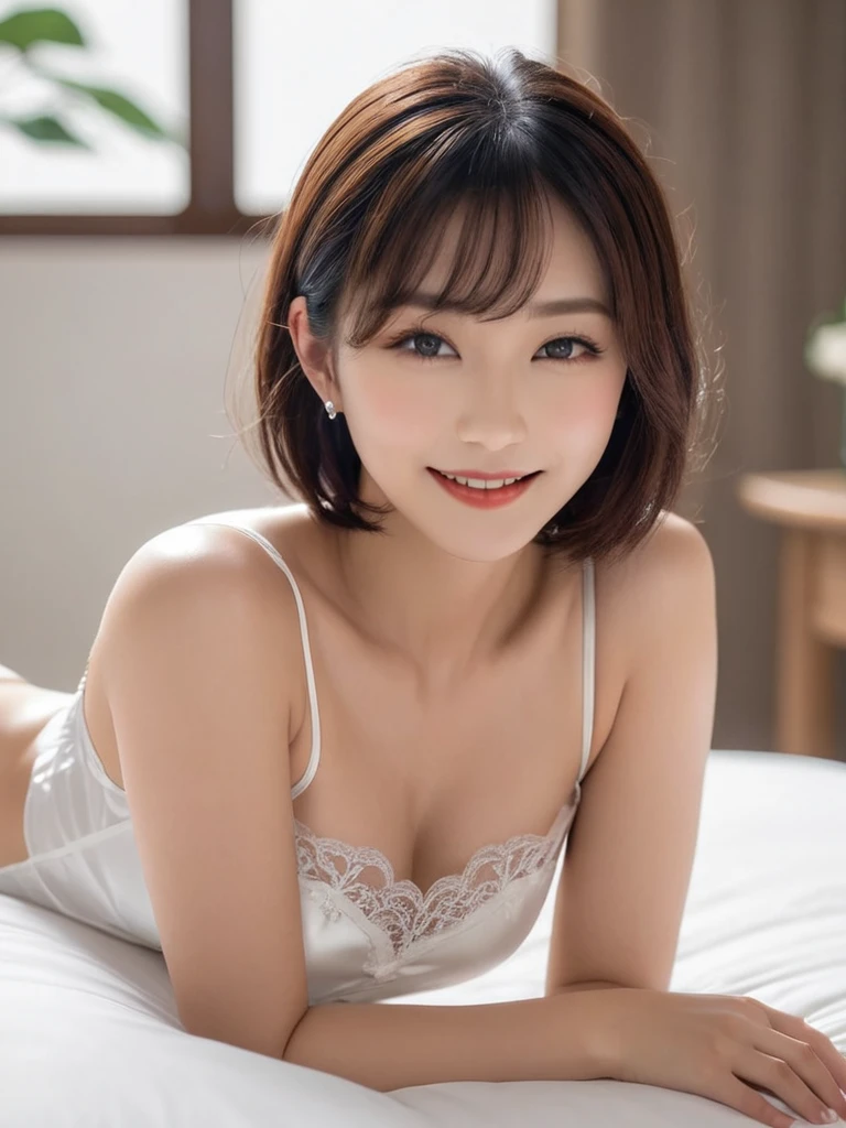 Cleavage、Masterpiece, High Quality, High Resolution, (Super Detail) ), (Wallpaper), ((Face) Detail),masterpiece, One woman per photo, Full Body Shot,Underarm、 Composition looking down at the subject from above, Young and beautiful woman in Japan, Smiling super cute face, short hair, She is wearing a sleeveless white silk satin chemise with white lace.,White panties、 Small breasts、skinny、Glossy Lips, Attractive person, She is lying on her back on a silk bed with her legs spread apart, Silk pillow, Silk bed sheets, Double eyelids on both eyes, Natural Makeup, Long eyelashes, Shiny and smooth light brown hair, Asymmetrical bangs, Fair skin, Center image, 8k resolution, High detail, Detailed hairstyle, Detailed face, Spectacular movie lighting, Vibrant, Ultra-realistic, Perfect limbs, Perfect Anatomy,Beautiful teeth alignment